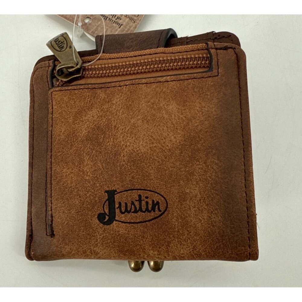 Justin Womens Wallet Bifold Metal Braided Vegan Leather Brown Western New - Picture 4 of 9